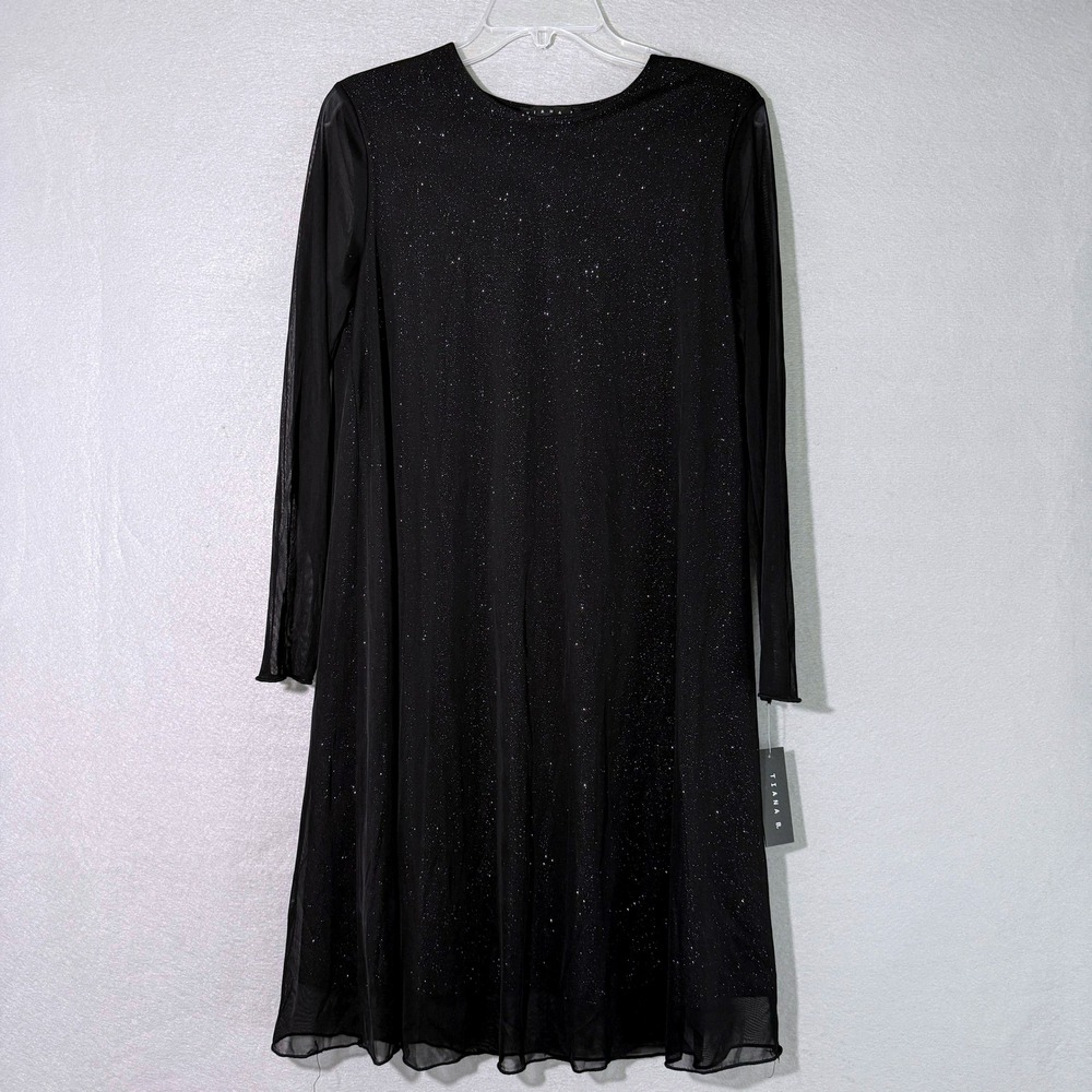 Tiana B Glitter Mesh Shift Dress Womens Size M Black Going Out Flowy Party Glam
